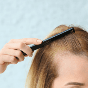 Close-up view of a person combing through blonde hair, highlighting potential signs of thinning or hair loss, as might be examined at Alopecia & Beyond, a holistic hair loss clinic in Vaughan.